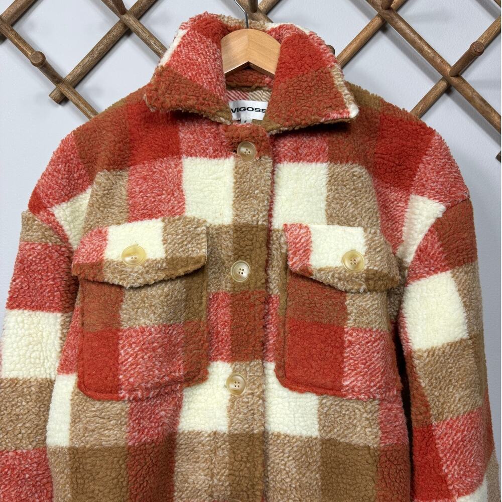 New Vigoss Faux Shearling Oversize Plaid Shirt Jacket in Rust Women's Size S - Picture 4 of 7